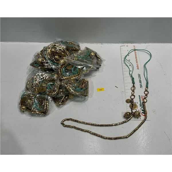 Turquoise Leather and "Gold" Bead Necklace  21 pieces