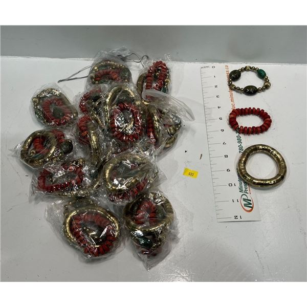 Three Chunky Bead Bracelets "Gold", Red and Green 15 sets