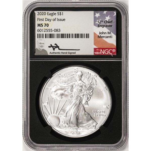 2020 $1 American Silver Eagle Coin NGC MS70 First Day of Issue Mercanti Signature