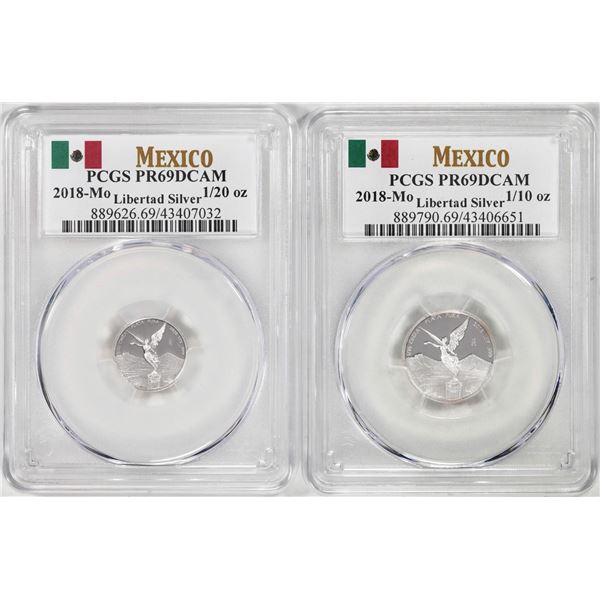 Lot of 2018-Mo Mexico Proof 1/20 and 1/10 oz Silver Libertad Coins PCGS PR69DCAM