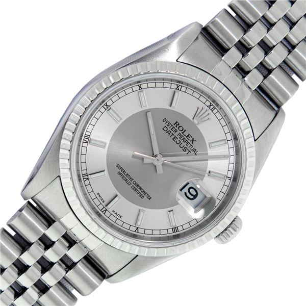 Rolex Mens Stainless Steel Tuxedo Index Datejust Wristwatch