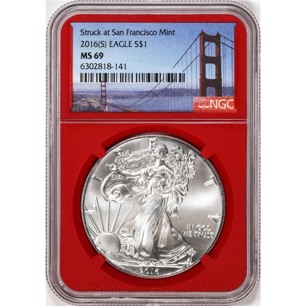 2016-(S) $1 American Silver Eagle Coin NGC MS69 Struck at San Francisco Red Core
