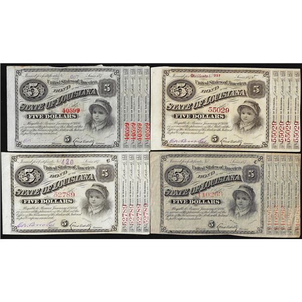 Lot of (4) 1870's $5 State of Louisiana Baby Bond Notes