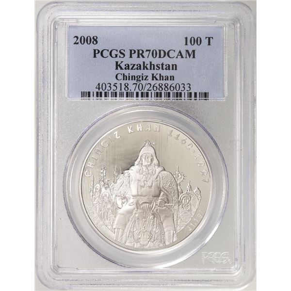 2008 Kazakhstan 100 Tenge Proof Chingiz Khan Silver Coin PCGS PR70DCAM