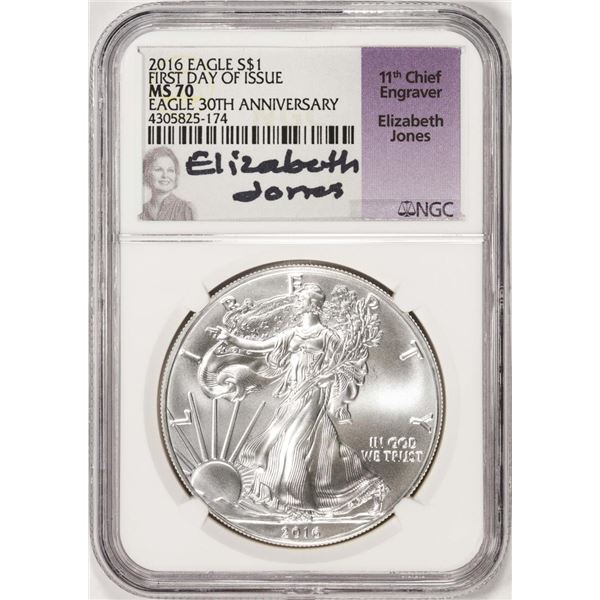 2016 $1 American Silver Eagle Coin NGC MS70 FDOI Jones Signature 30th Anniversary