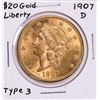 Image 1 : 1907-D $20 Liberty Head Double Eagle Gold Coin