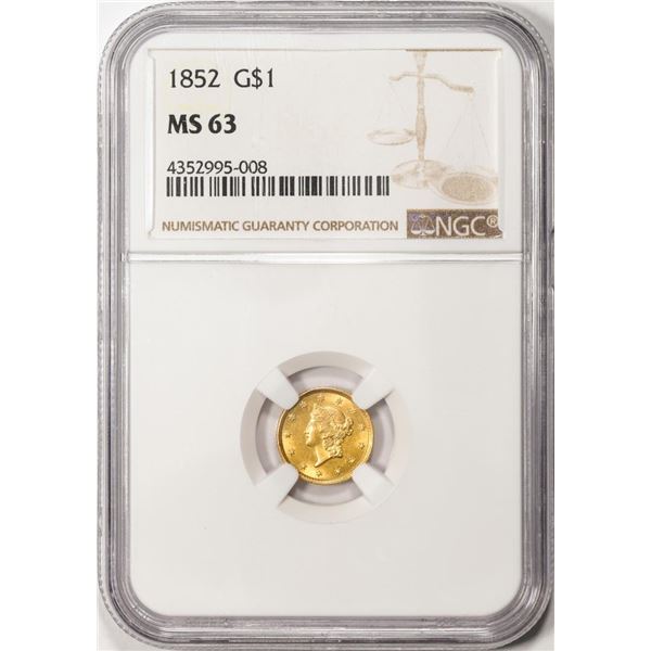 1852 Type 1 $1 Liberty Head Gold Dollar Coin NGC MS63