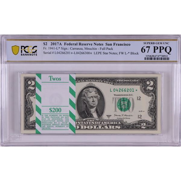 Pack of 2017A $2 Federal Reserve STAR Notes SF Fr.1941-L* PCGS Superb Gem UNC 67PPQ
