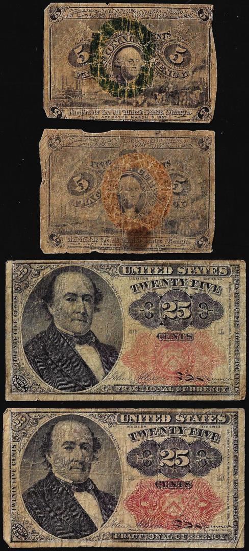 Note Frantion Lot of (4) Miscellaneous Five & Twenty-Five Cents Fractional Currency Notes