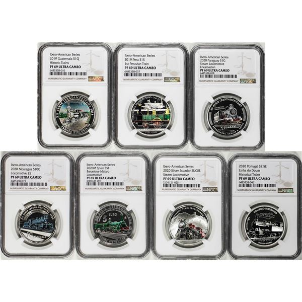 Set of 2019-2020 Ibero-American Historic Train (7) Silver Coins NGC PF69 Ultra Cameo
