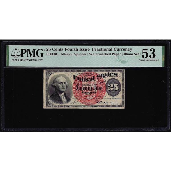 1863 Fourth Issue 25 Cents Fractional Currency Note Fr.1301 PMG About Uncirculated 53