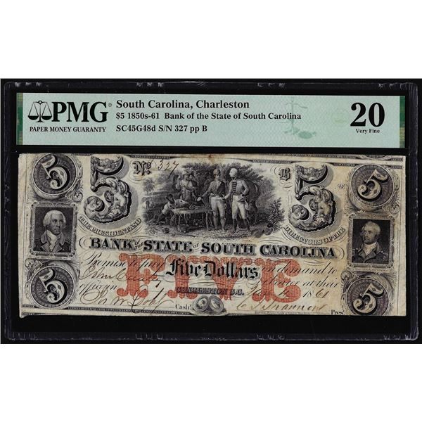 1850s-61 $5 Bank of the State of South Carolina Obsolete Note PMG Very Fine 20