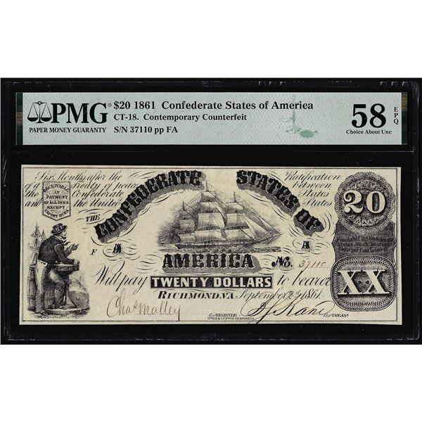 1861 $20 Confederate States CT-18 Contemporary Counterfeit PMG Choice About Unci 58EPQ