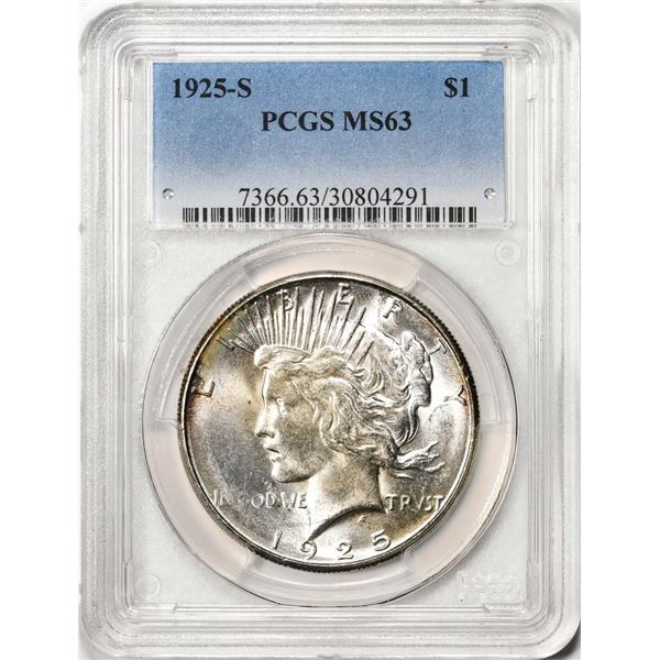 1925-S $1 Peace Silver Dollar Coin PCGS MS63