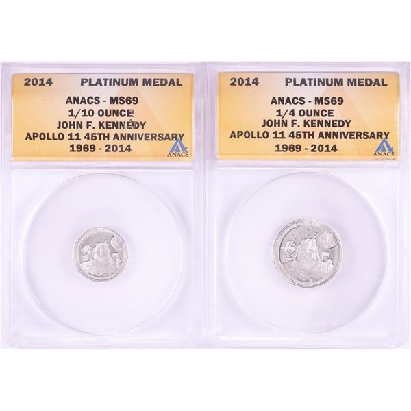 Set of 2014 Proof 1/10 & 1/4 oz Platinum JFK Apollo 11 Anniversary Medals ANACS MS69