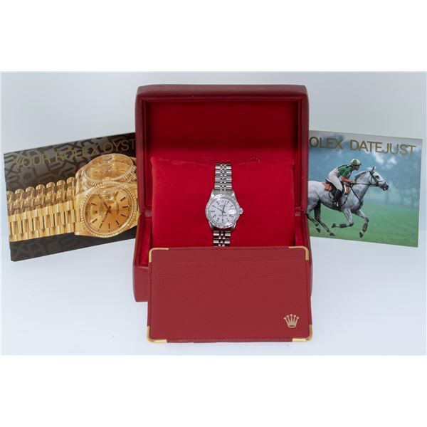 Rolex Ladies Stainless Steel White Roman Diamond Datejust Wristwatch