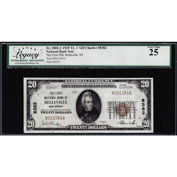 1929 $20 NB of Belleville, NJ CH# 8382 National Currency Note Legacy Very Fine 25