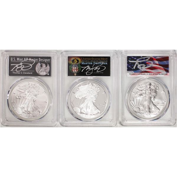 Set of (3) 2020 $1 American Silver Eagle Coins PCGS MS70/SP70/PR70 FDOI Cleveland Sig