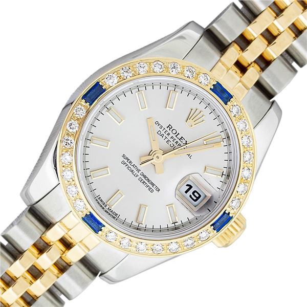 Rolex Ladies Two Tone Silver Index Sapphire and Diamond Datejust Wristwatch