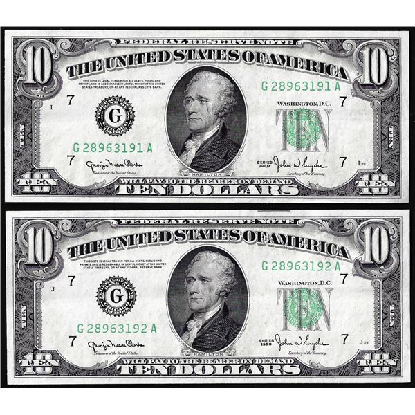Lot of (2) Consecutive 1950 $10 Federal Reserve Notes Chicago