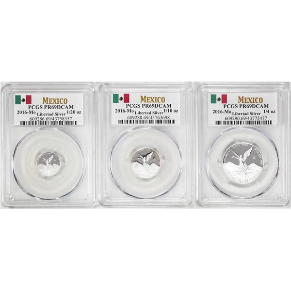 Lot of 2016-Mo Mexico Proof 1/20, 1/10 and 1/4 oz Silver Libertad Coins PCGS PR69DCAM