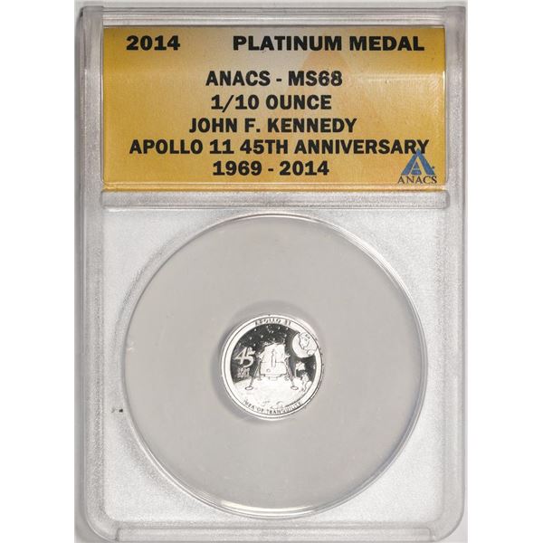 2014 Proof 1/10 oz Platinum JFK Apollo 11 Anniversary Medal ANACS MS68