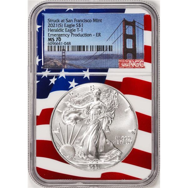 2021(S) Type 1 $1 American Silver Eagle Coin NGC MS70 ER San Francisco Flag Core