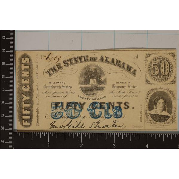 1863 STATE OF ALABAMA 50 CENT OBSOLETE BANK NOTE