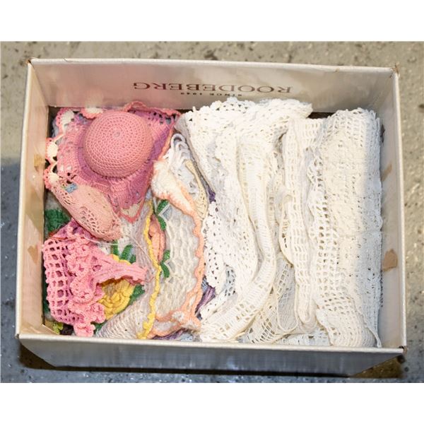 BOX FULL OF DOLLIES, CROCHETED HATS, BASKET