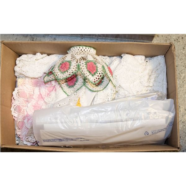 BOX FULL OF DOLLIES, CROCHETED BASKET +