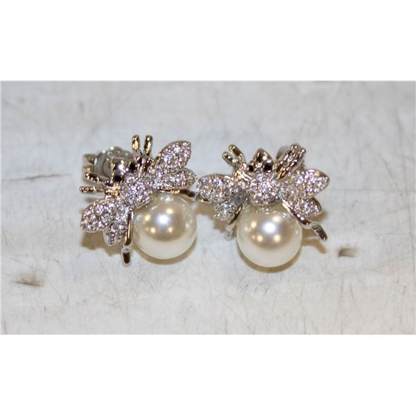 BUMBLE BEE CZ PEARL EARRINGS, NEW