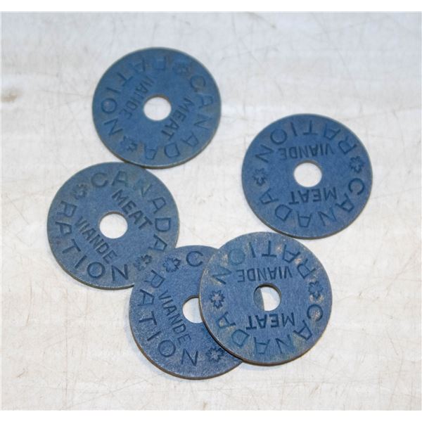 LOT OF 5 WWII CANADA MEAT RATION TOKENS