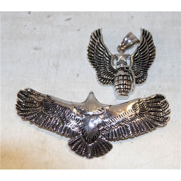 2 ESTATE WINGED GRENADE & LARGE EAGLE PENDANTS