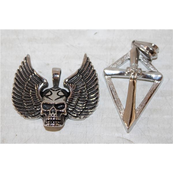 2 ESTATE SWORD CROSS & WINGED SKULL PENDANTS