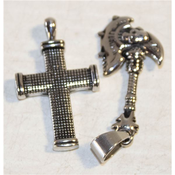 2 ESTATE CROSS & TOMAHAWK SKULL PENDANTS-ESTATE