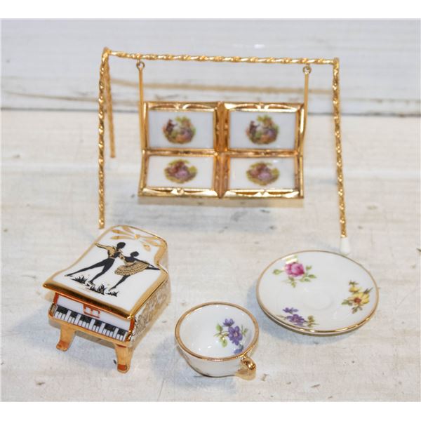 LIMOGES MINIATURE SWING, PIANO & CUP & SAUCER