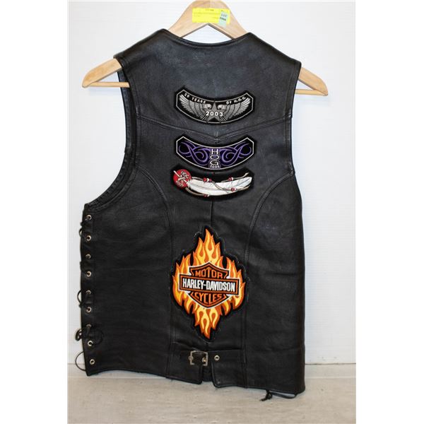 LEATHER VEST WITH PATCHES SZIE 34 TALL