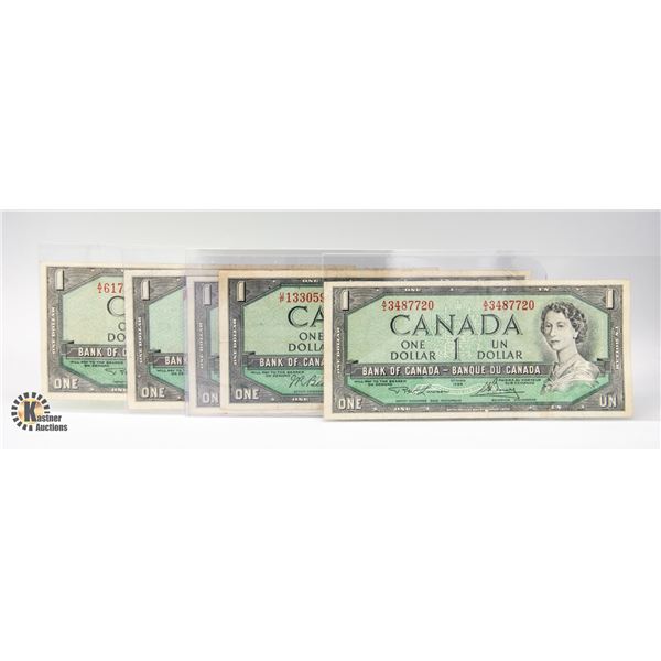 5 1954 $1 BILLS DIFFERENT SIGNATURES