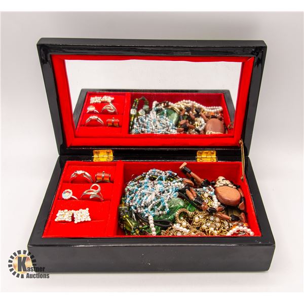 DECORATIVE BLACK JEWELLERY BOX FULL OF