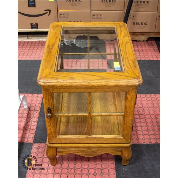 ANTIQUE OAK & GLASS END TABLE WITH INNER STORAGE