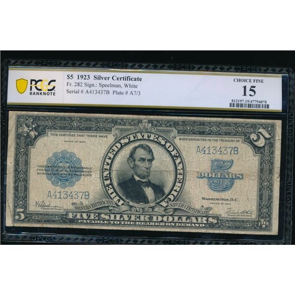 1923 $5 Lincoln Porthole Silver Certificate PCGS 15