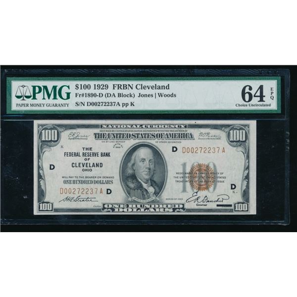 1929 $100 Cleveland FRBN PMG 64EPQ