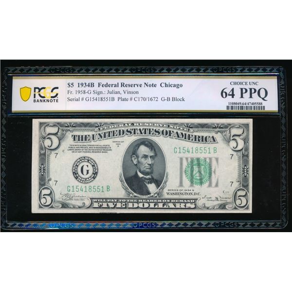 1934B $5 Chicago FRN PCGS 64PPQ