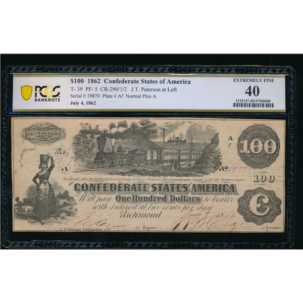 1862 $100 T-39 Confederate PCGS 40