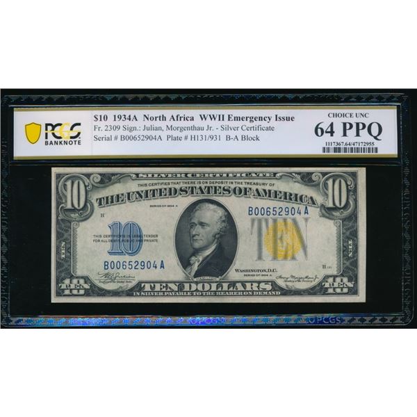 1934A $10 N Africa Silver Certificate PCGS 64PPQ