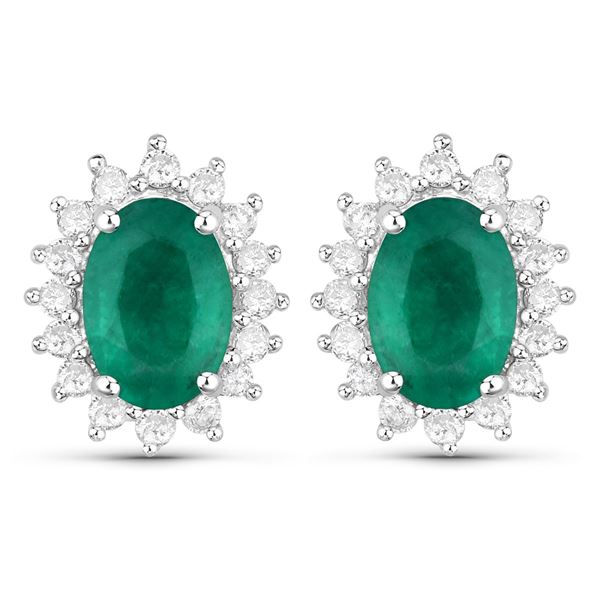 14KT White Gold 1.86ctw Zambian Emerald and White Diamond Earrings