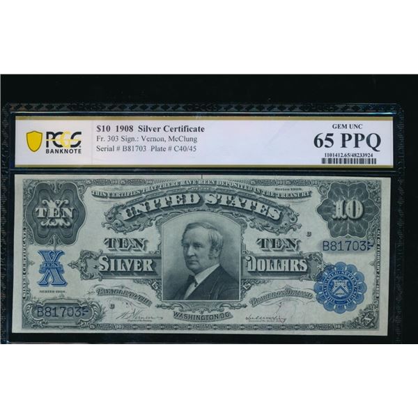 1908 $10 Tombstone Silver Certificate PCGS 65PPQ