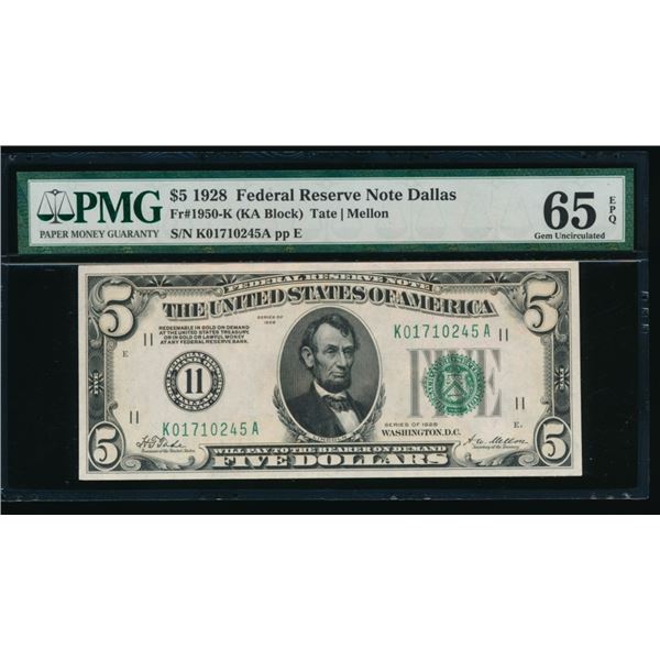 1928 $5 Dallas FRN PMG 65EPQ