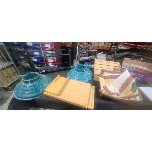 MISC: TWO CHRISTMAS TREE STANDS, OAK FRAMED CORK BOARDS, BOOT JACK AND MAGAZINE JACK