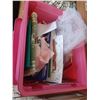 Image 1 : PINK CONTAINER WITH CONTENTS PLUS CERAMIC DOLL AND MISC